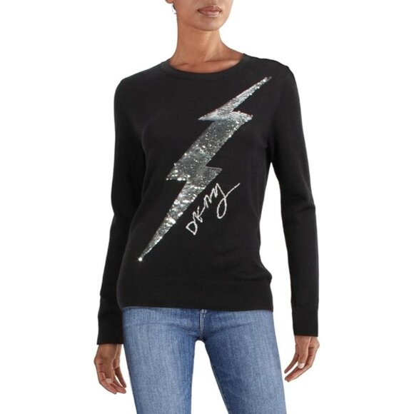 DKNY Womens Pullover Sweater Metallic Sequin Round Neck Black Size Small - Picture 1 of 2